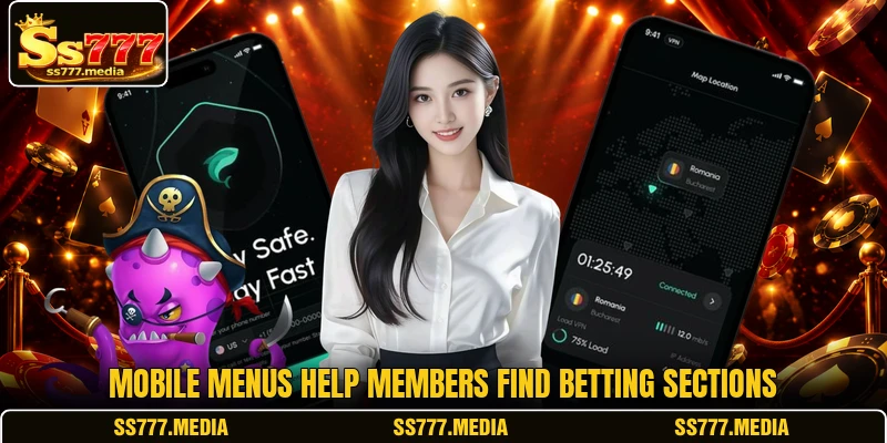 Mobile menus help members find betting sections Mobile menus help members find betting sections